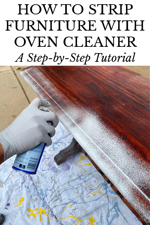 Spraying old table with oven cleaner to remove stain