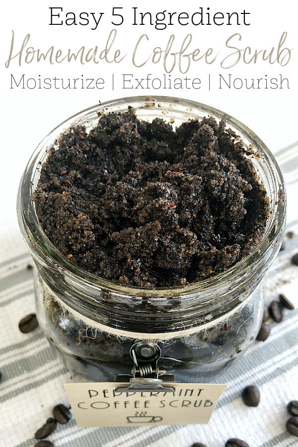 Homemade Coffee Scrub made with oils to moisturize skin, coffee grounds for exfoliation, and essential oil to support healthy skin. 