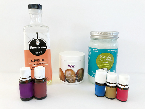 Ingredients needed to make body butter: shea butter, coconut oil, almond oil and essential oils