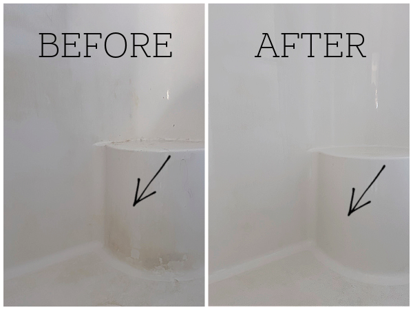 Before and after removing rust stains in shower