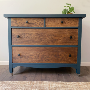 Vintage dresser painted with Fusion Mineral Paint in the color Chestler. Drawers refinished using Annie Sloan dark wax.