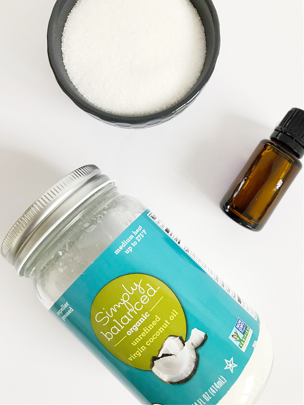 Ingredients needed to make sugar scrub: coconut oil, sugar, and essential oil