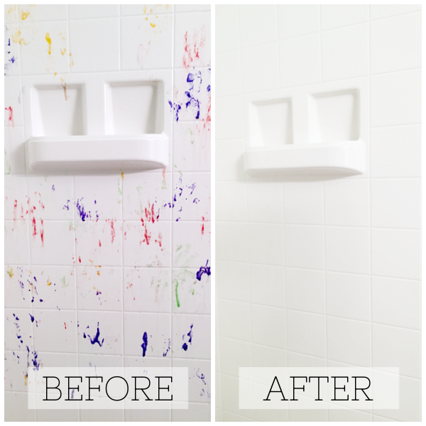 Before and after of shower cleaned with a homemade shower cleaner containing dish soap and vinegar.