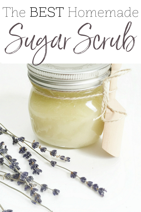 Homemade lavender sugar scrub in a glass jar