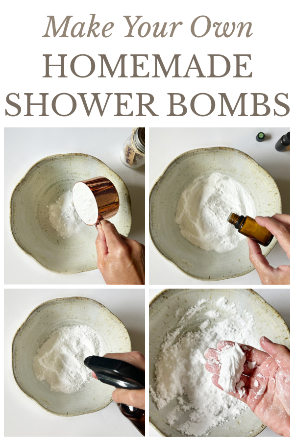 Collage showing how to make your own shower bombs