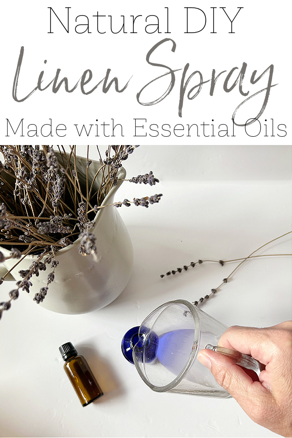Pouring homemade linen spray into a bottle