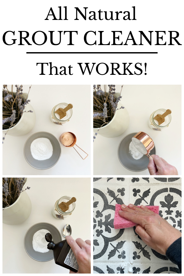 Collage of images showing how to make grout cleaner with baking soda and hydrogen peroxide
