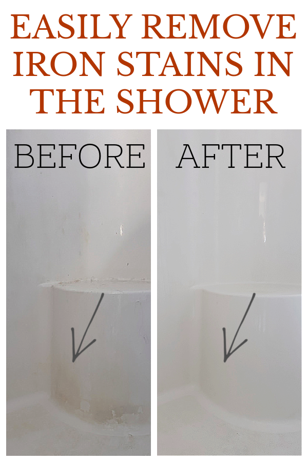 Before and after of shower cleaned with magic eraser to remove iron stains