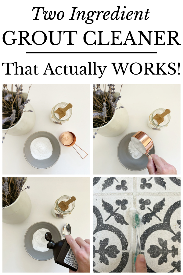 Collage of images showing how to make grout cleaner with baking soda and hydrogen peroxide