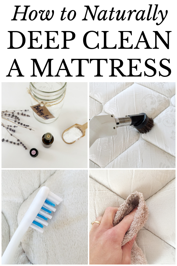 Collage of images showing how to deep clean a mattress