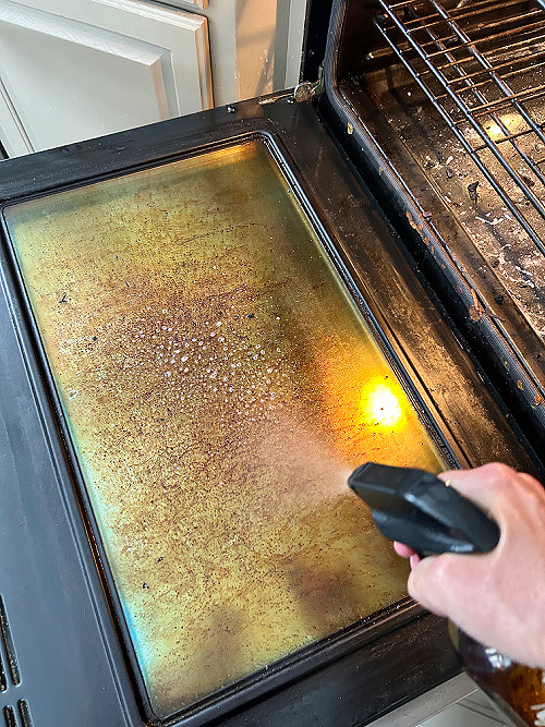 Spraying all purpose cleaner onto dirty oven door