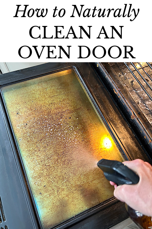 Spraying all purpose cleaner onto dirty oven door