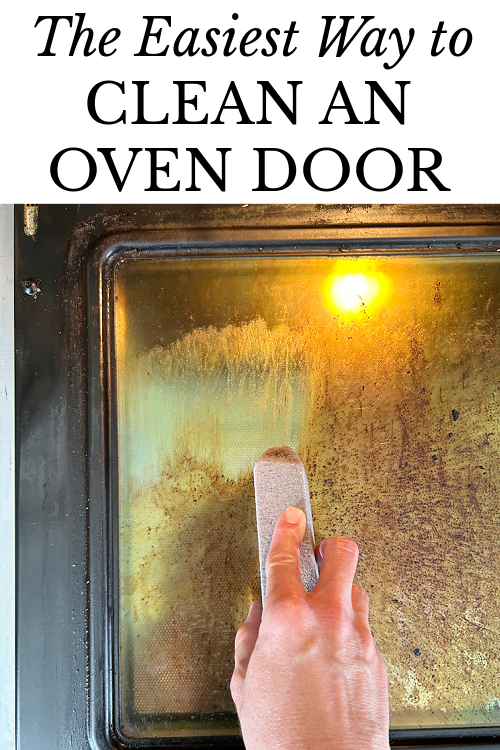 Cleaning oven door with a pumice stone