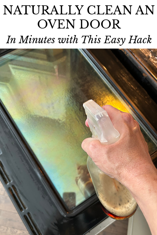 Spraying black tea glass cleaner on oven door after cleaning with pumice stone