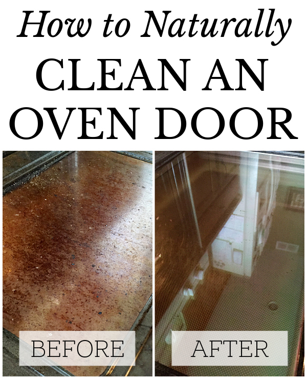 Before and after of oven door cleaned with baking soda