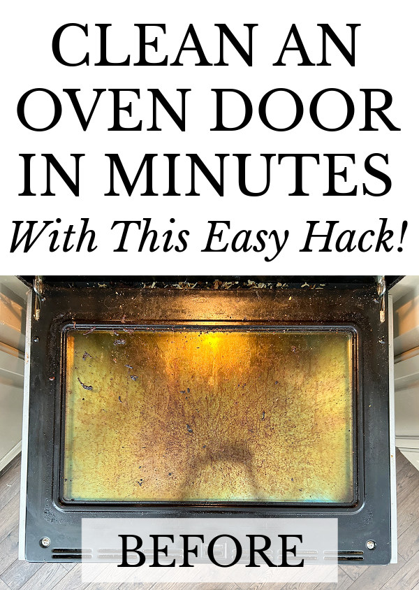 Dirty oven door caked with burnt-on food
