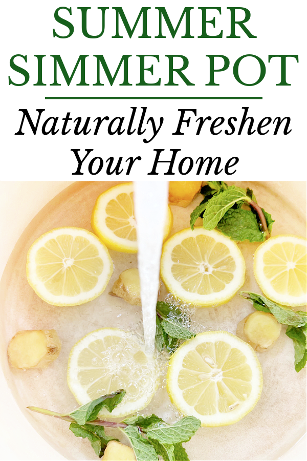 Adding water to a pot filled with lemon, mint, and ginger to make a summer simmer pot.
