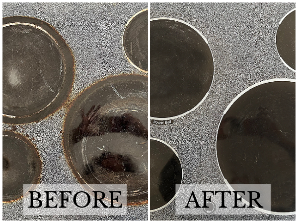 Before and after of glass stovetop cleaned with a pumice stone
