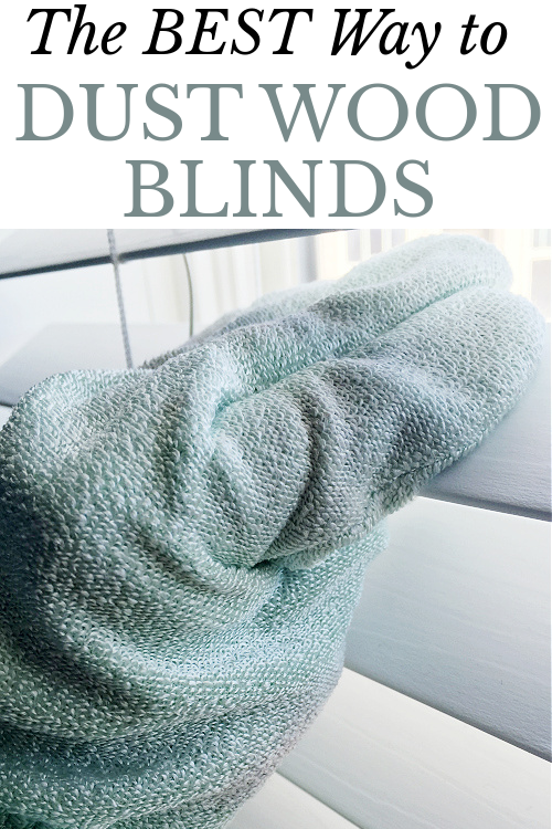 Dusting wood blinds with a dusting glove