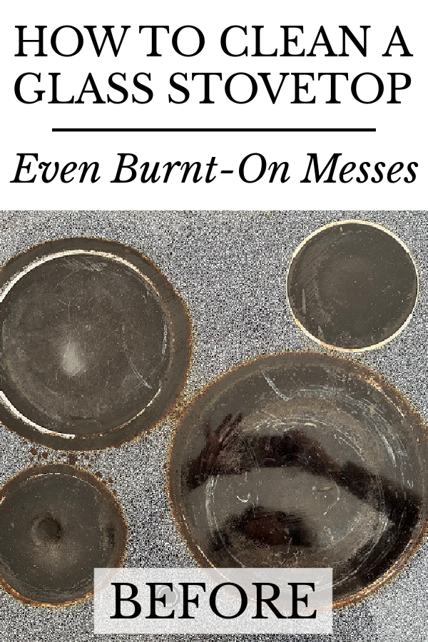Glass stovetop showing burnt on mess around all burners