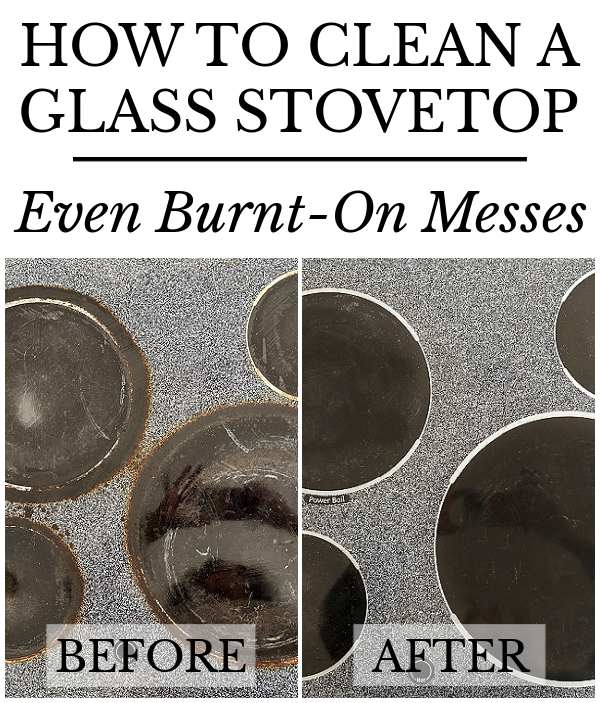 Before and after of glass stovetop cleaned with a pumice stone