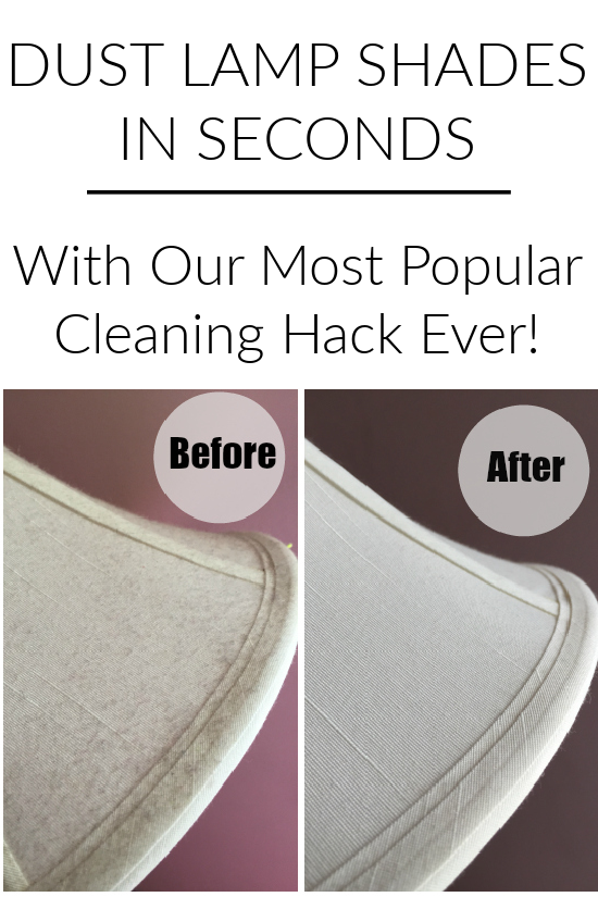 Before and after of a lamp shade cleaned with a lint roller