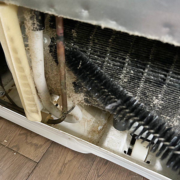 Dusting refrigerator coils with a coil brush