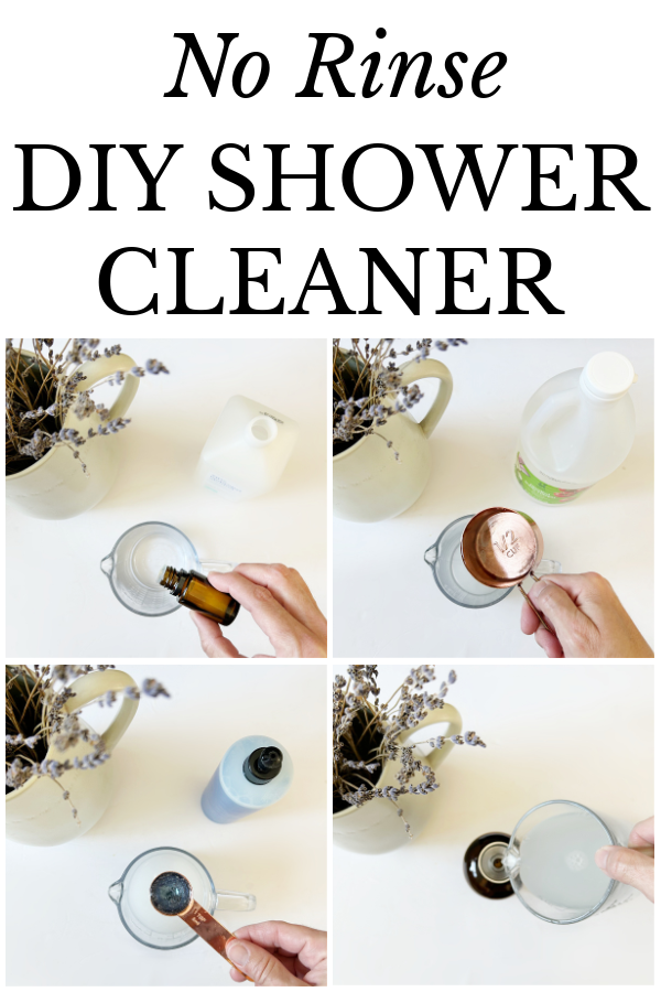 Collage of images showing how to make a no-rinse daily shower spray