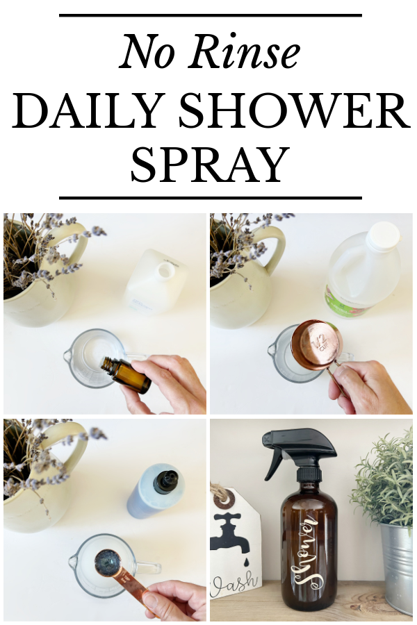 Collage of images showing how to make a no-rinse daily shower spray
