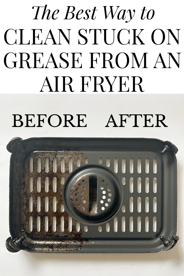 Before and after of air fryer grate cleaned with baking soda and dish soap
