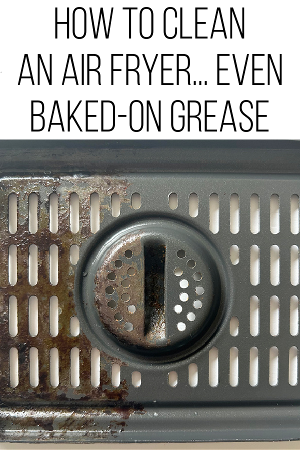 Before and after of an air fryer tray cleaned with baking soda and dish soap.