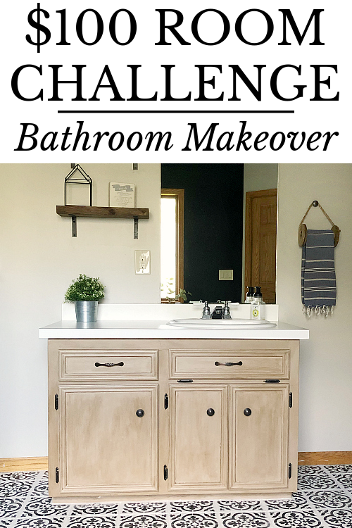 $100 Bathroom makeover featuring a stenciled floor, updated tub surround, and painted vanities