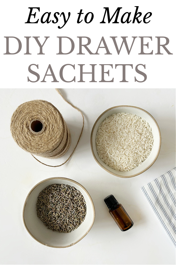 Ingredients needed to make DIY Scented Drawer Sachets: Rice, Essential Oil, and dried lavender