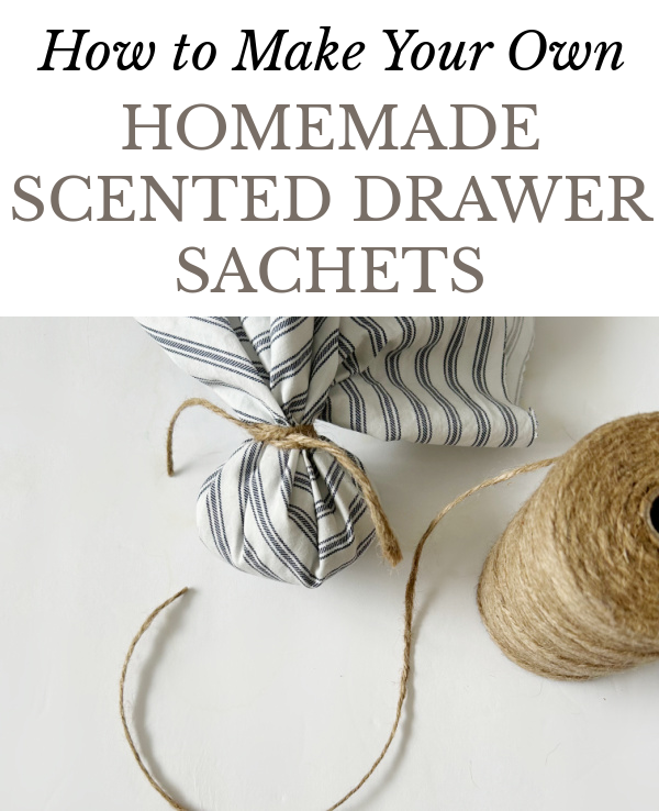 Tying twine around fabric to make a DIY drawer sachet