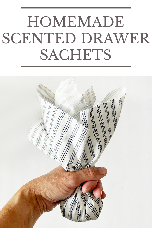 Cinching fabric around lavender sachet mixture